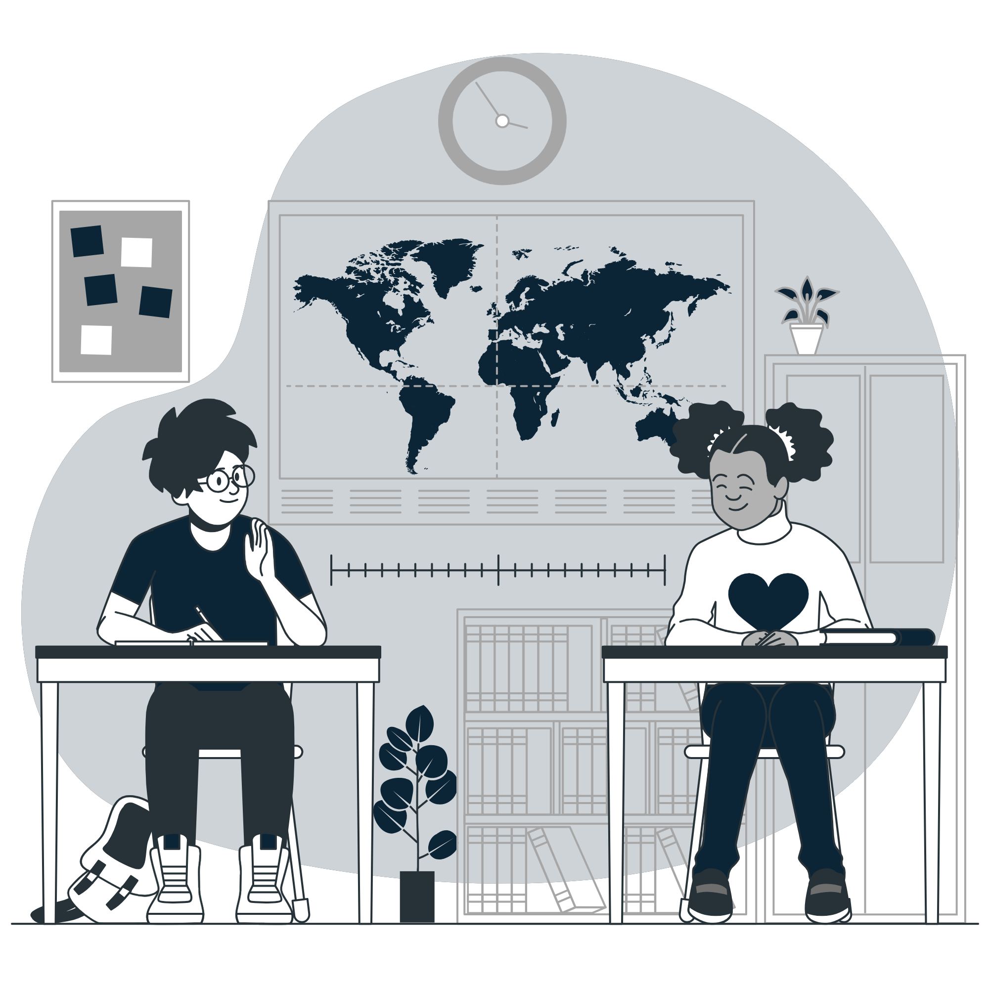 International students studying with world map in classroom